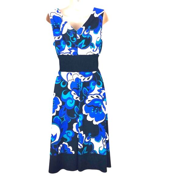 Rabbit Rabbit Rabbit Blue Floral Fit & Flare Dress Sleeveless Black Trim V Neck - Picture 2 of 16
